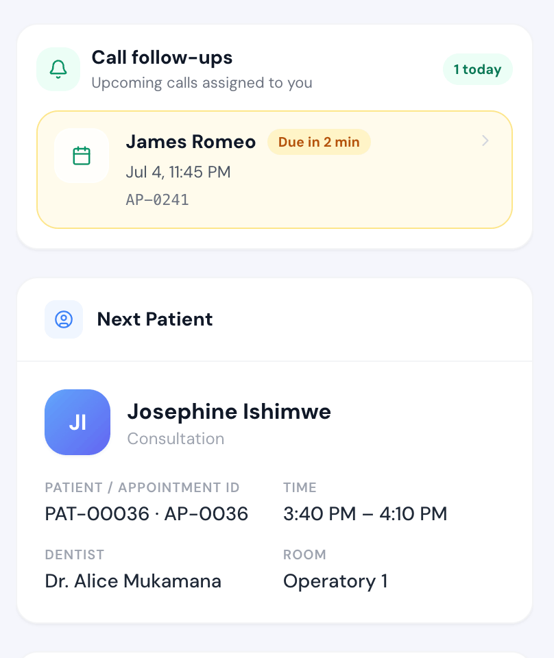 CL Dental mobile dashboard with follow-ups and next patient